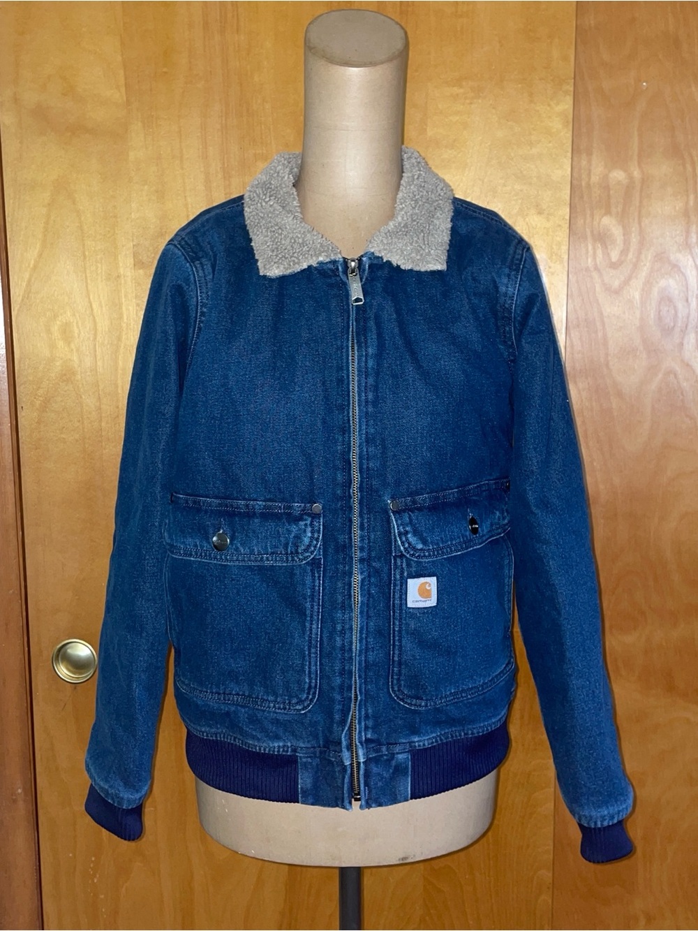 Carhartt Blue Denim Jacket with Cream Sherpa Collar